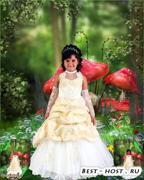 Многослойный детский psd шаблон - Очаровательная девочка в нарядном платье и волшебный лес