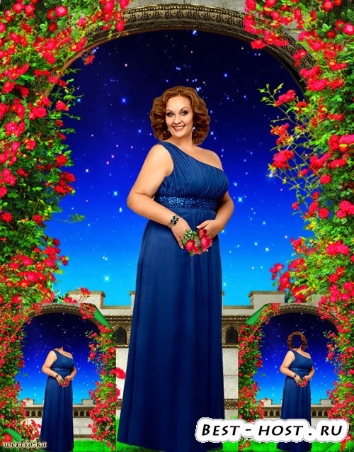 Многослойный шаблон для пышных женщин - Девушка в синем платье на фоне чудесного звездного неба