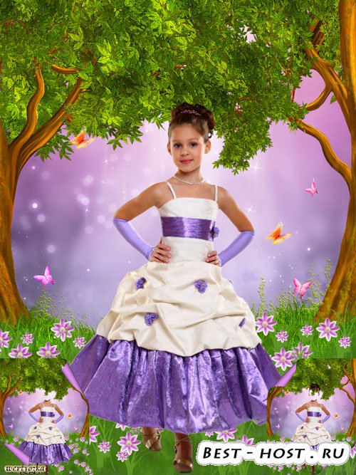 Многослойный детский psd шаблон - Девочка в нарядном платье среди чудесных цветов и бабочек