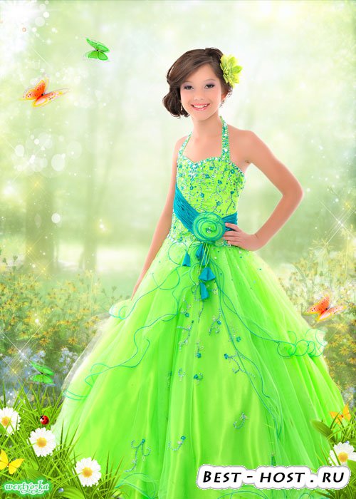 Многослойный детский psd шаблон - Девочка в ярко зеленом платье среди ромаш ...