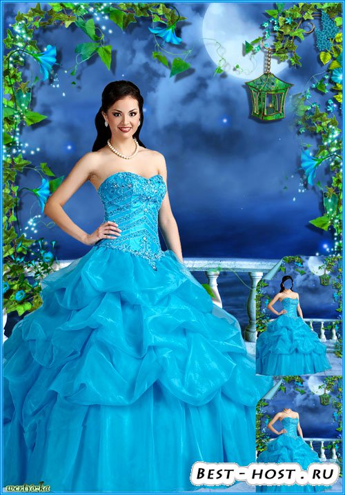 Многослойный женский psd шаблон - Девушка в ярко-синем платье на фоне волшебной ночи
