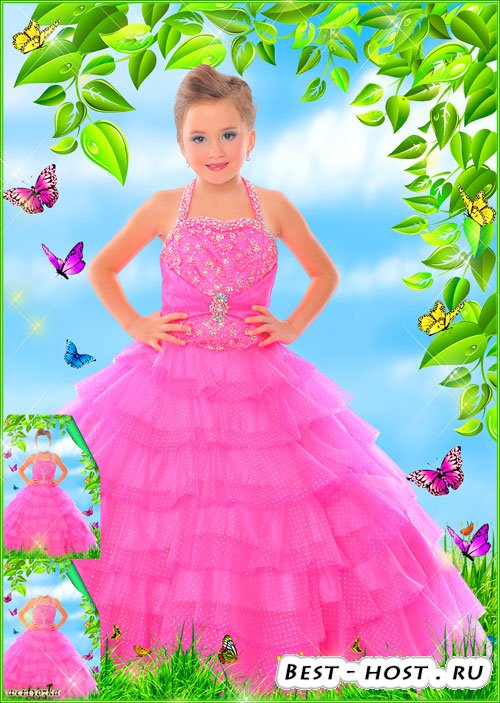 Детский шаблон - Девочка в розовом нарядном платье среди чудесных бабочек