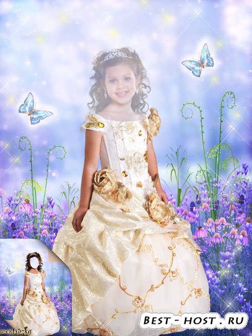 Детский шаблон для фотошоп - Девочка в золотистом платье и бабочки