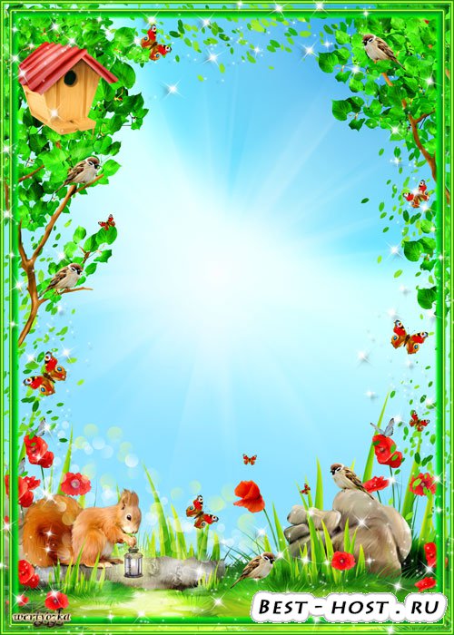 Детская рамка - Белочка на полянке с красными маками и бабочками