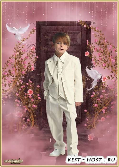 Детский psd шаблон - Мальчик в белом костюме и голуби