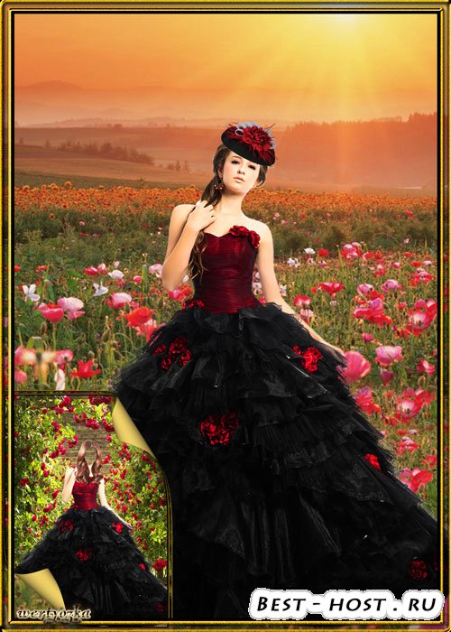 Многослойный женский psd шаблон - Девушка в шикарном черном платье с красны ...