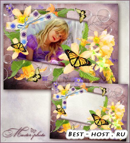 Летняя рамка для фотошопа с цветами и бабочками - В полете