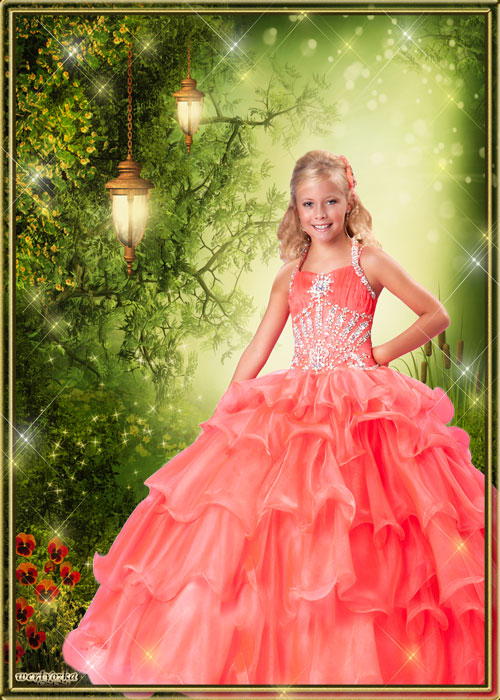Детский шаблон для фотошопа - Шикарное ярко-оранжевое платье для девочки
