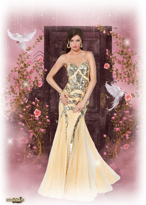 Женский шаблон для фотошопа - В золотисто-кремовом платье