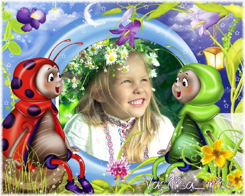 Красивая детская рамочка для фотошопа с забавными жучками на сказочной лесн ...