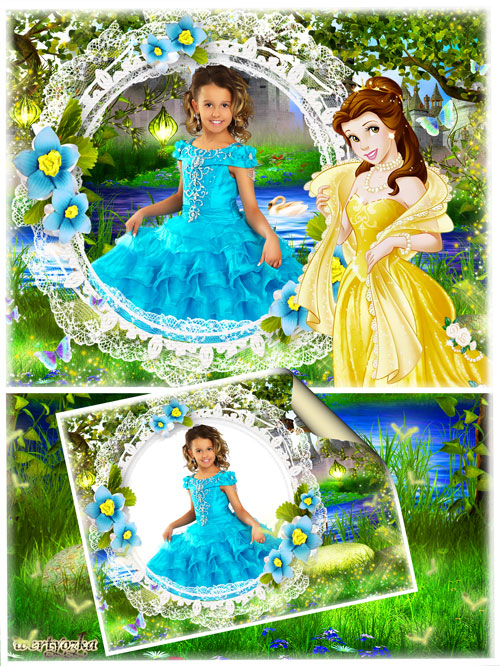 Детская рамка для фотошопа - Принцесса и бирюзовые цветочки