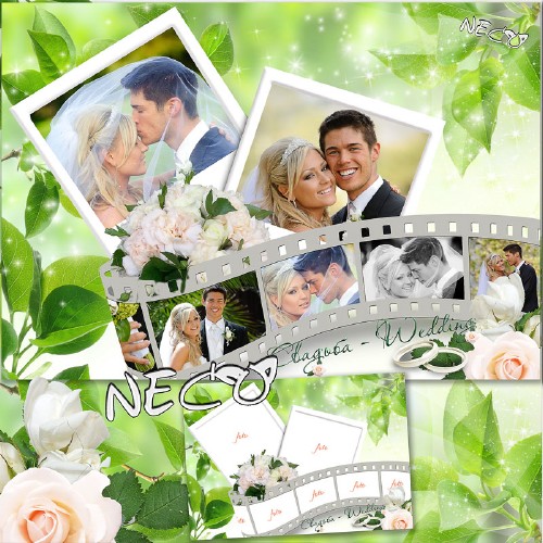 Свадебная рамка - коллаж на семь фотографий с фотоплёнкой на фоне зелени - Остановись мгновенье