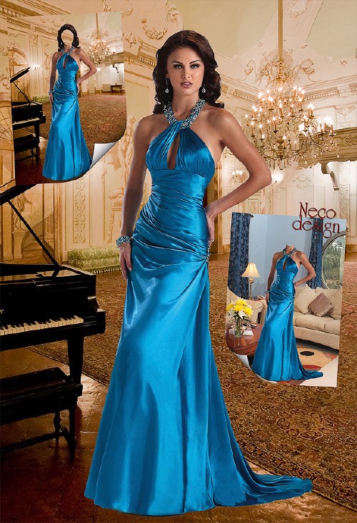 Женский шаблон - В синем вечернем платье с роялем и в гостиной