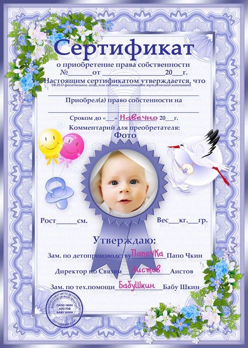 Многослойный праздничный шуточный Сертификат на приобретение права на новорожденного