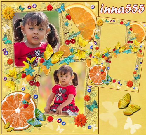 Детская рамка на 2 фото, украшенная цветочками, бабочками, апельсинами, клу ...