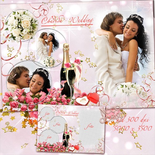Стильная свадебная рамка на четыре фотографии с розами и шампанским