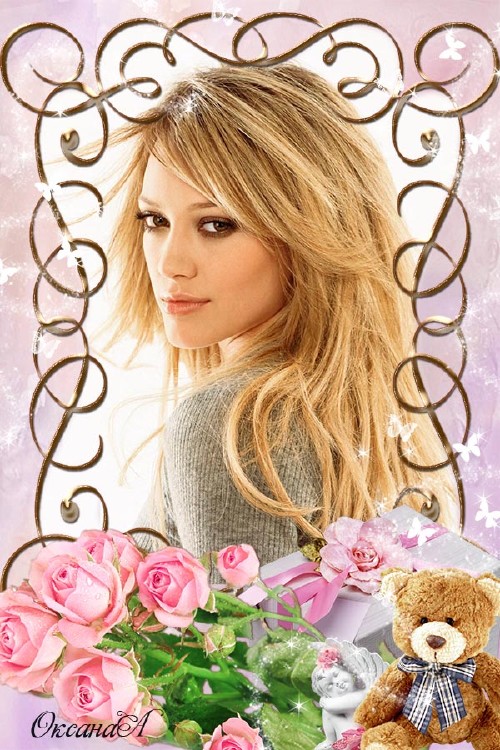 Романтическая рамка для женского фото – Медведь с подарком и розовые розы л ...