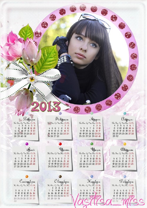 Красивый и нежный календарь для фотошопа с нежной цветочной бутоньеркой