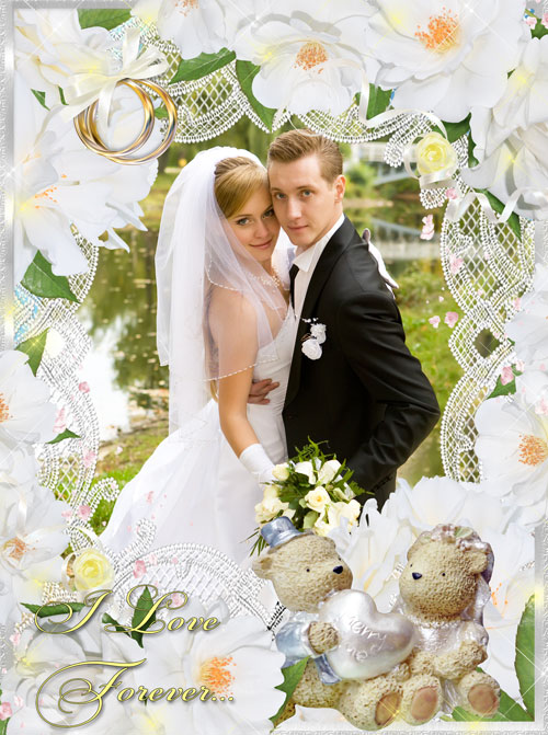 Свадебная рамка для фото - Пара очаровательных медвежат и белые цветы