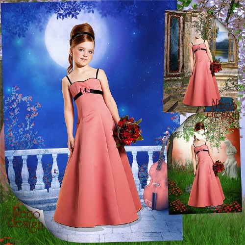 Детский шаблон для девочки в розовом платье с бантиком - Лунная мелодия