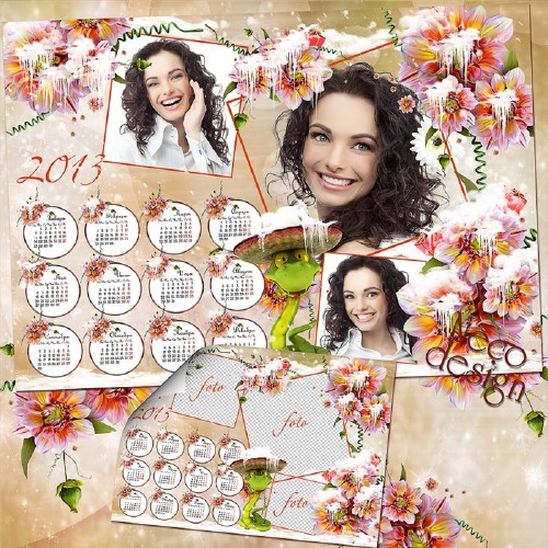 Цветочный женский календарь с тремя рамками для фото и новогодней змеёй