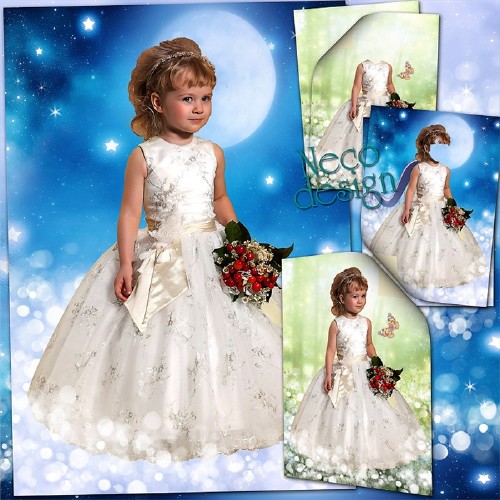 Детский шаблон для маленькой девочки в белом платье с букетом - Среди звёзд