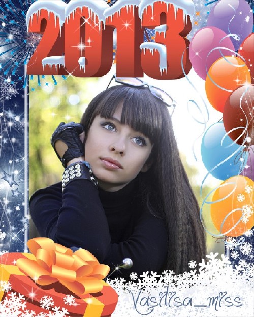 Красивая новогодняя рамочка для фотошопа с воздушными шарами, подарком и снежинками - 2013