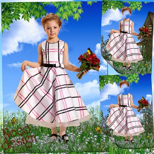 Детский шаблон для девочки со светлым платьем - В гости с букетом