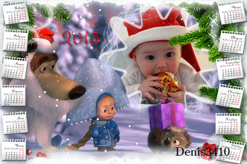 Детский календарь для Фотошопа с рамкой для фотографии - Маша и Медведь
