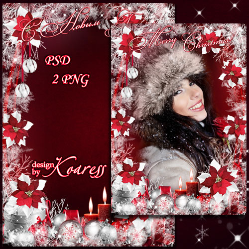 Поздравительная новогодняя рамка для фотошопа - Красные цветы, серебристый снег