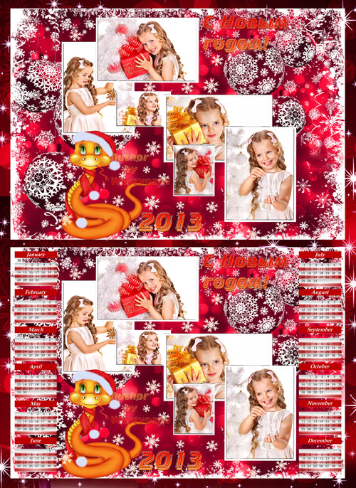 Новогодний календарь-рамка 2013 - Очаровательная змея и елочные серебристо-красные шары