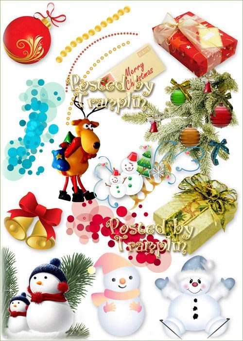 Новогодний клипарт на прозрачном фоне – Снеговики, игрушки, хвоя, мишура, п ...