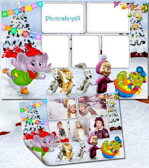 Детская зимняя рамочка на 5 фотографий – Маша приглашает всех на каток