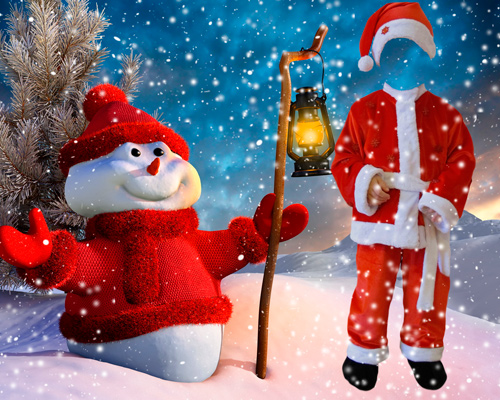 Шаблон для фотошопа – Санта Клаус и снеговик