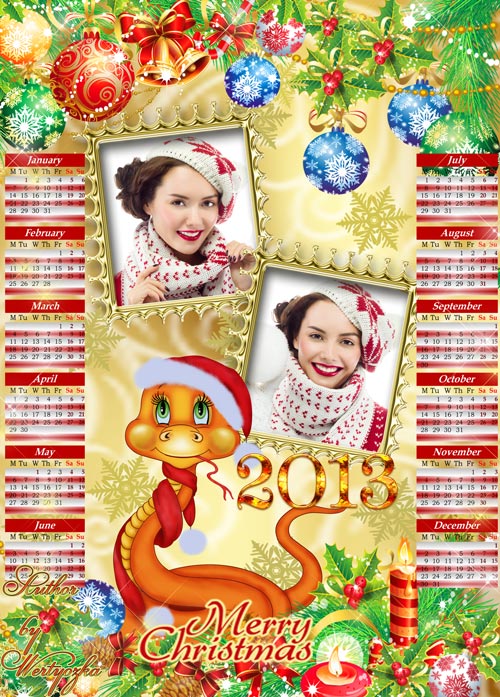 Календарь рамка 2013 - Змея в красной шапке и чудесные игрушки на елке