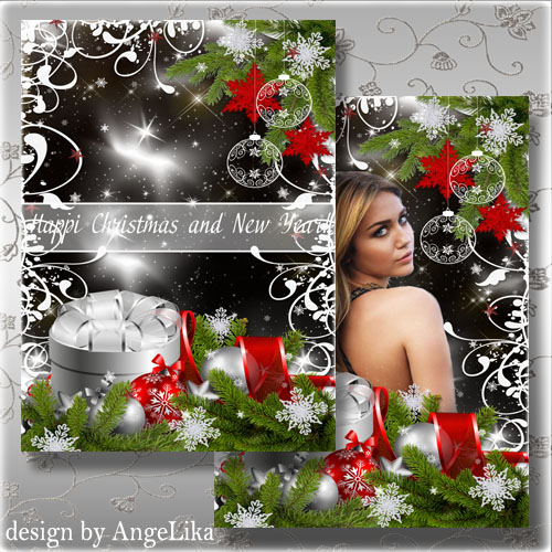 PSD исходник - Праздничная открытка и фоторамка с ёлочными шарами и снежинками