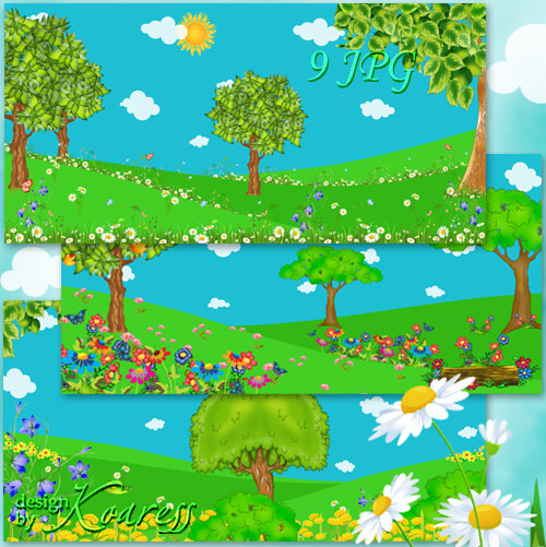 Летние детские фоны - Солнце и облака, кусты, деревья, яркие полевые цветы на лугу