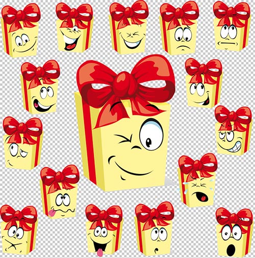 Клипарт -  Подарочные упаковки с выражением эмоций (прозрачный фон)