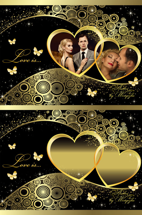PSD исходники + рамка в золотом оформлении - Любовь, романтика, валентинка, влюбленная пара