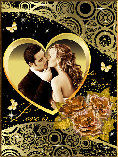 Любовь, романтика и золотые розы - Рамка для фотошопа