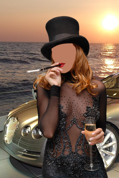 Женский шаблон - Девушка с сигарой шампанским возле машины