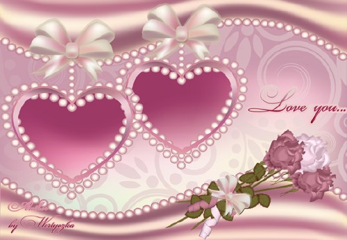 Рамка для фотошопа - Розовые сердечки, жемчуг, розы