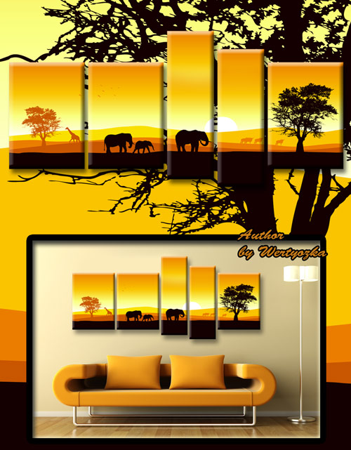 Полиптих в psd формате - Пейзаж, саванна, слоны, жирафы, картина
