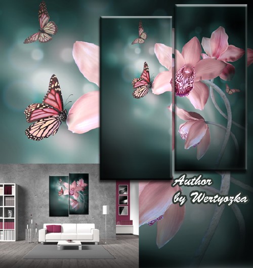 Диптих в psd формате - Экзотические цветы орхидеи и порхающие бабочки
