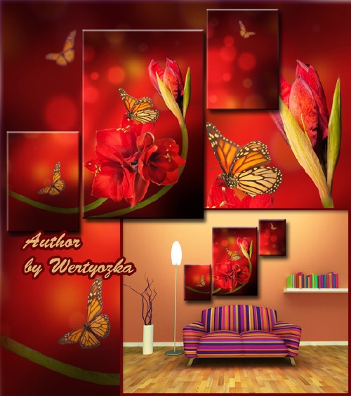 Многослойный psd исходник триптих - Кливия, красные цветы, бабочки