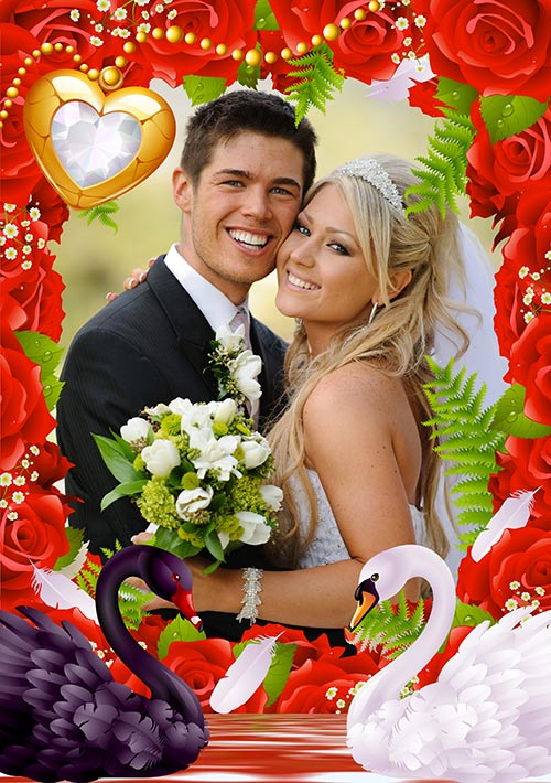 Свадебная фото рамка с красными розами и лебедями