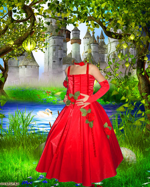 Детский шаблон - Девочка в красном платье у озера с лебедем