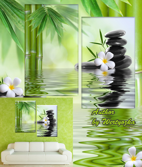Спа камни, бамбук, белые цветы франжипани - Диптих в psd формате