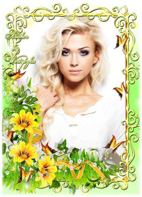 Рамка для фотошопа - Солнечные цветочки и порхающие бабочки