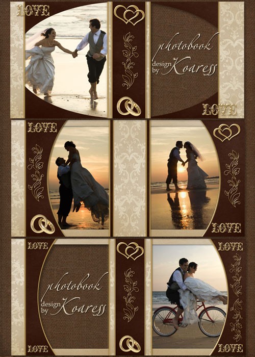 Романтическая свадебная фотокнига в бежевых и коричневых тонах с золотым декором - Любовь, Любовь, Любовь